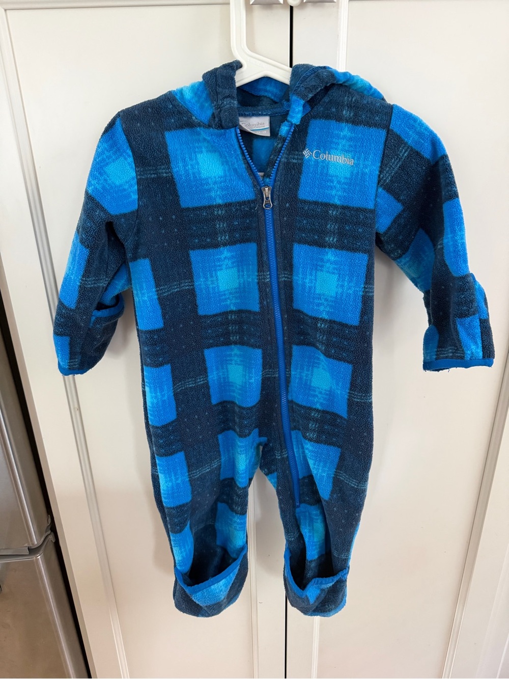 Columbia 12-18m Kids Blue Plaid Fleece One-Piece Hooded bunting suit